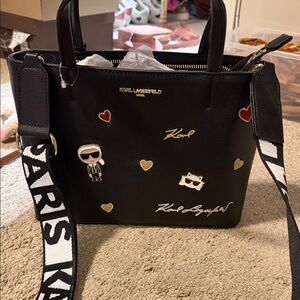 Karl Lagerfeld Black Shoulder Bag with Gold Accents